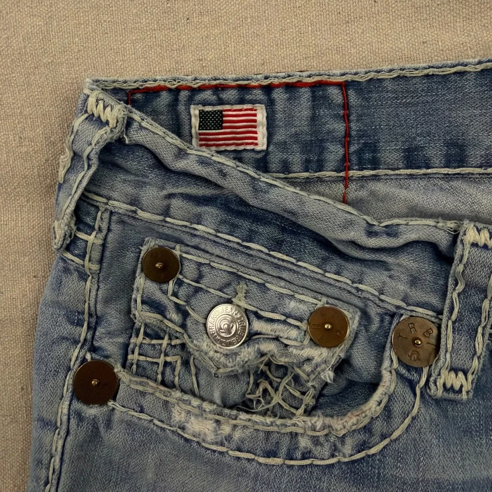 VTG True Religion Billy Super T Jeans 38 Blue Distressed Bootcut Contrast Stitch